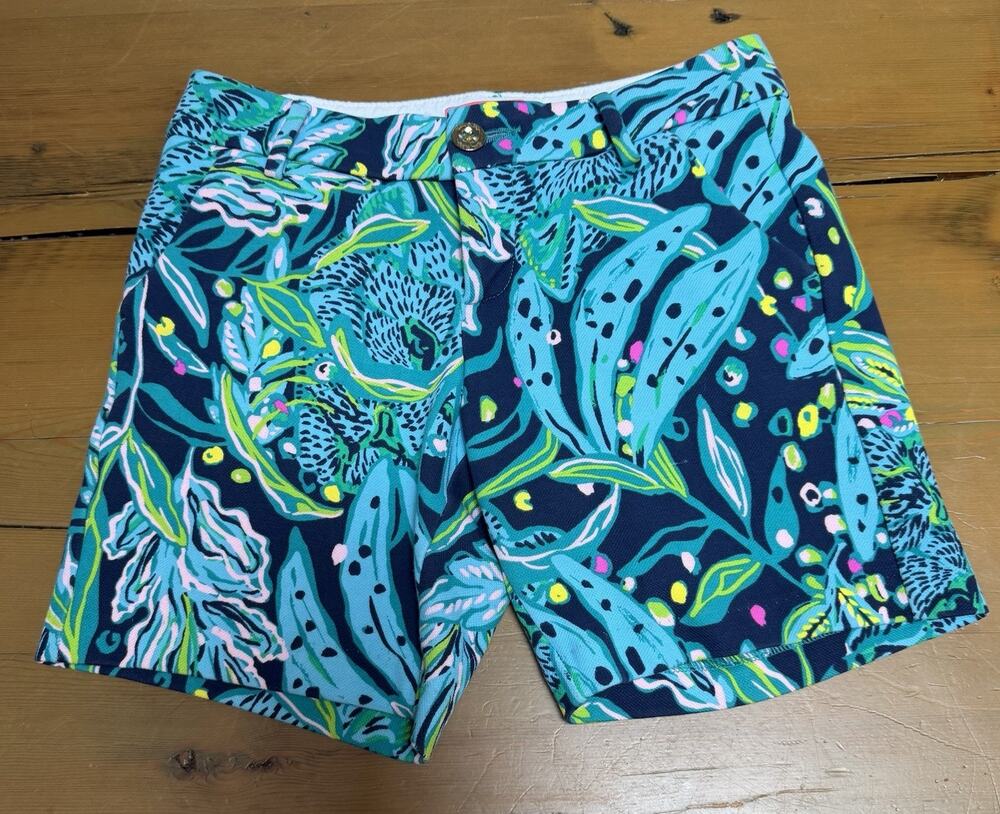 Lilly Pulitzer Catty Purrsonality Stretchy Knit Shorts Size 00 Jungle Green Blue